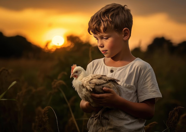 Un ragazzo tiene in mano un pollo