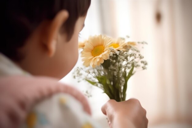 Un ragazzo tiene un mazzo di fiori davanti a una finestra.