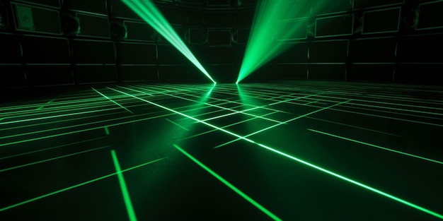 Un raggio laser verde viene illuminato su un pavimento nero.