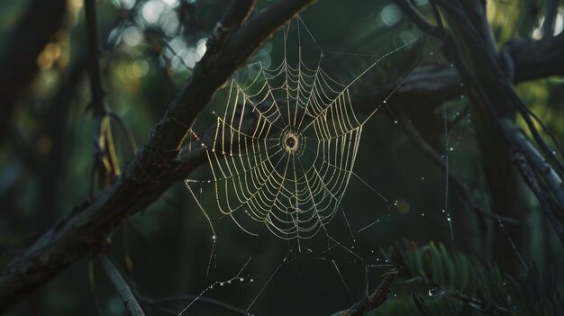 Un ragno che tesse la sua delicata rete tra i rami degli alberi aspettando pazientemente la preda da intrappolare