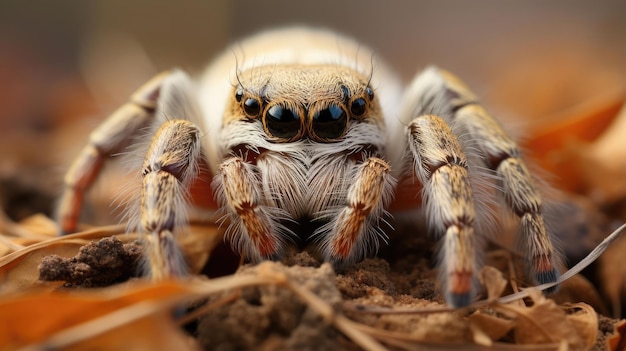 un ragno con la faccia nera e gli occhi gialli si siede su un lato.