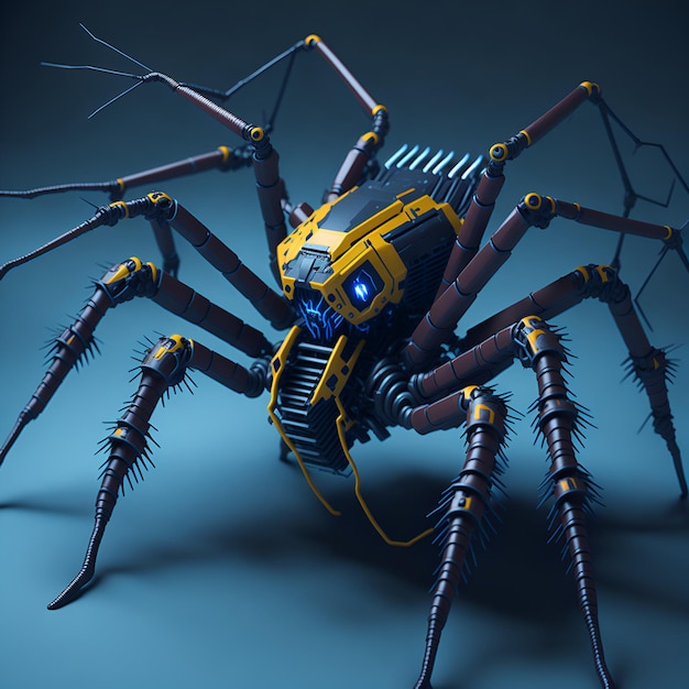 Un ragno con segni gialli e blu e uno sfondo blu