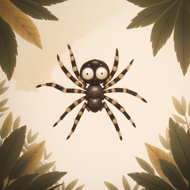 Un ragno con una faccia nera è su uno sfondo bianco con foglie