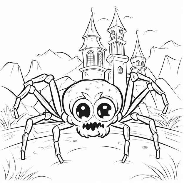 un ragno dei cartoni animati con un cranio sulla schiena di fronte a un castello generativo ai
