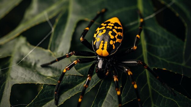 un ragno giallo e nero seduto sopra una foglia
