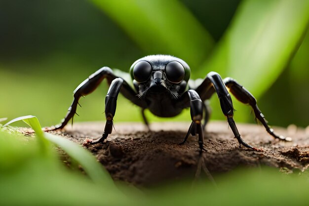 Un ragno nero con grandi occhi neri si siede su un buco nel terreno.