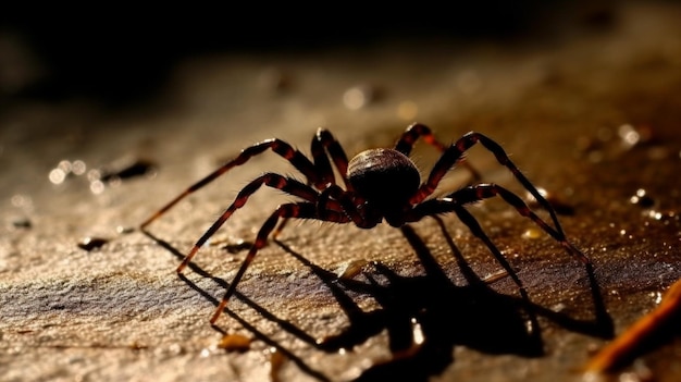 Un ragno nero e rosso si siede su un pezzo di legno.