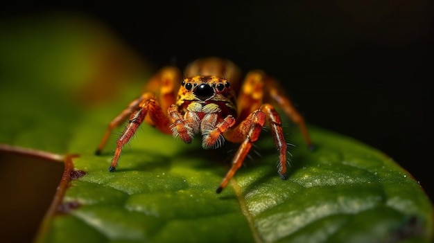 Un ragno si siede su una foglia verde al buio.