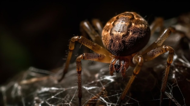 Un ragno si siede su una ragnatela nel buio.