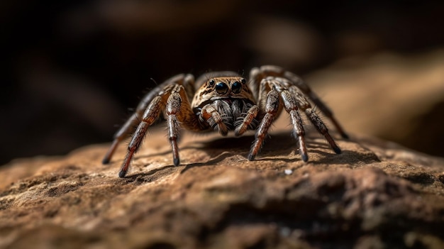 Un ragno su un tronco con uno sfondo scuro