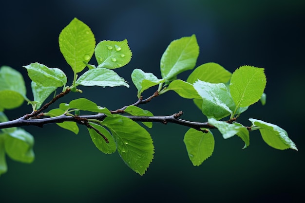 un ramo con foglie verdi e gocce d'acqua