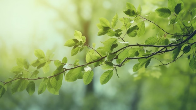 Un ramo con foglie verdi e il sole che splende attraverso gli alberi