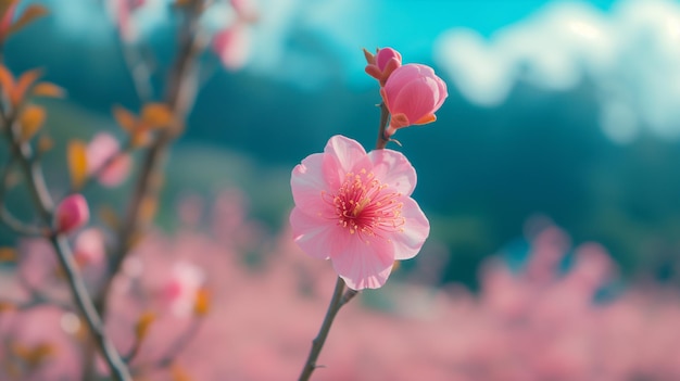 Un ramo con un fiore rosa nel giardino sullo sfondo di bellissime montagne