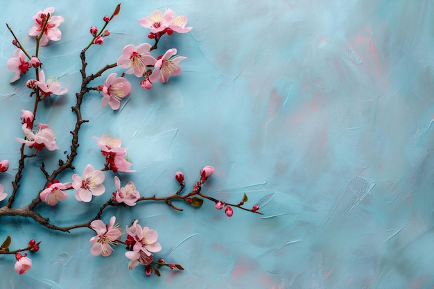 Un ramo d'albero con fiori rosa e bianchi distesi su uno sfondo blu concetto di primavera
