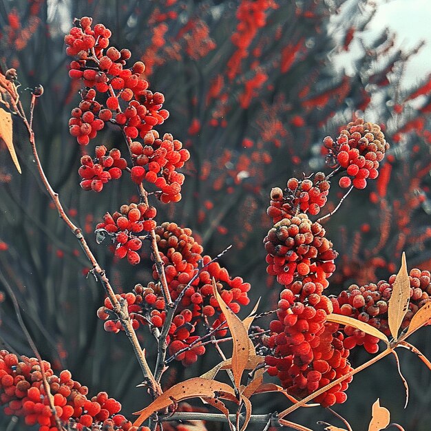 un ramo di bacche con uno sfondo rosso e alcune foglie