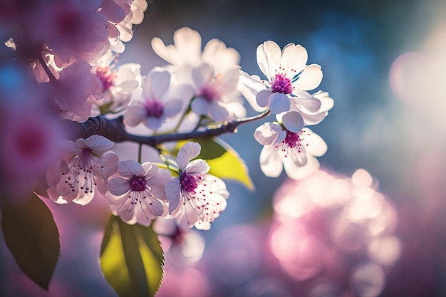 Un ramo di fiori di ciliegio con fiori rosa e foglie verdi