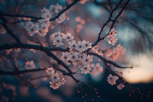 Un ramo di fiori di ciliegio con il sole che tramonta dietro di esso