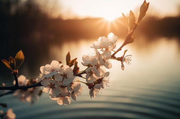 Un ramo di fiori di ciliegio con il sole che tramonta dietro di esso