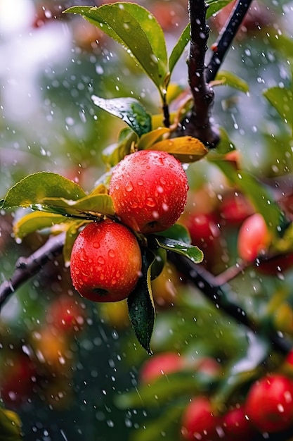 Un ramo di mele con gocce di pioggia su di esso