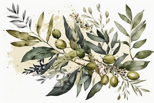 Un ramo di olive con foglie e fiori.