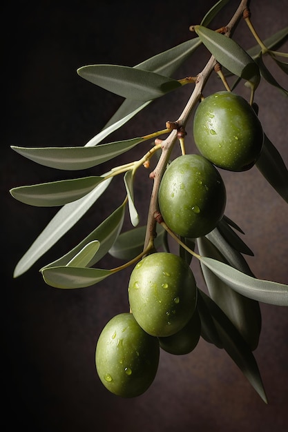 Un ramo di olive verdi con foglie verdi e la parola oliva su di esso