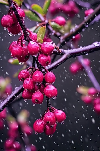 Un ramo di un albero con bacche rosa e la pioggia sta cadendo.