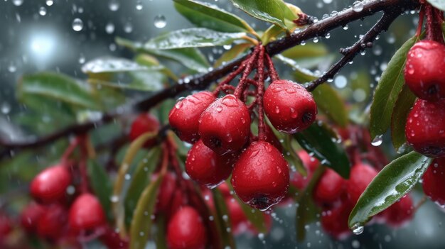 Un ramo di un albero con bacche rosse sotto la pioggia