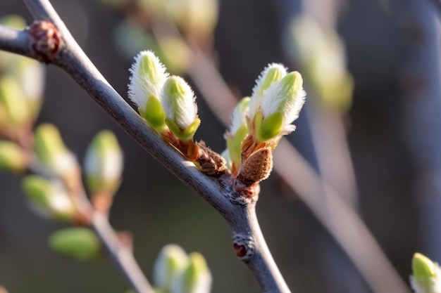 Un ramo di un albero con boccioli e il sole che splende attraverso i rami