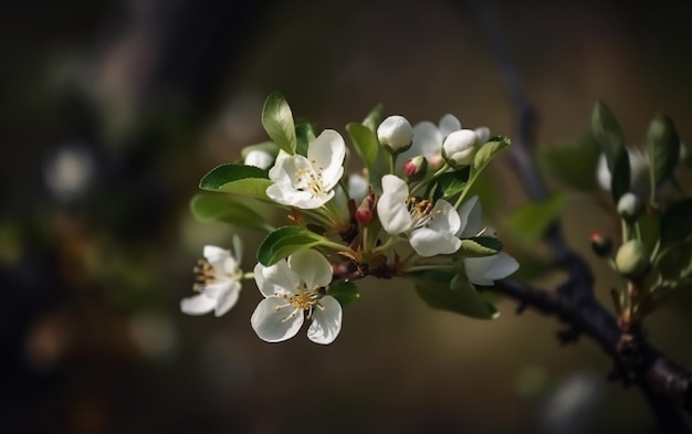 Un ramo di un albero con fiori bianchi e foglie verdi