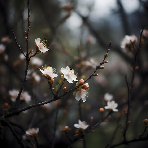 Un ramo di un albero con fiori bianchi e la parola ciliegia su di esso.