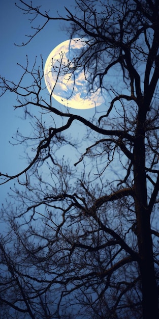 un ramo di un albero con una luna sullo sfondo