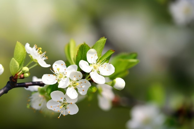 Un ramo di un albero di ciliegio con fiori bianchi