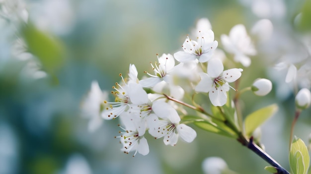 Un ramo di un albero di ciliegio con fiori bianchi