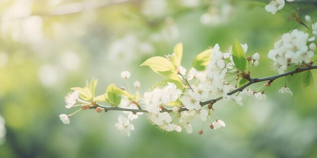 Un ramo di un ciliegio con fiori bianchi e foglie verdi