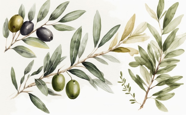 un ramo disegnato di oliva su sfondo bianco acquerello illustrazioni di alimenti biologici ai generato
