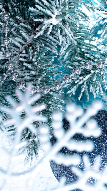 Un ramo innevato di un albero di Natale nella neve.