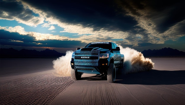 Un rapace ford f 150 blu sta attraversando il deserto