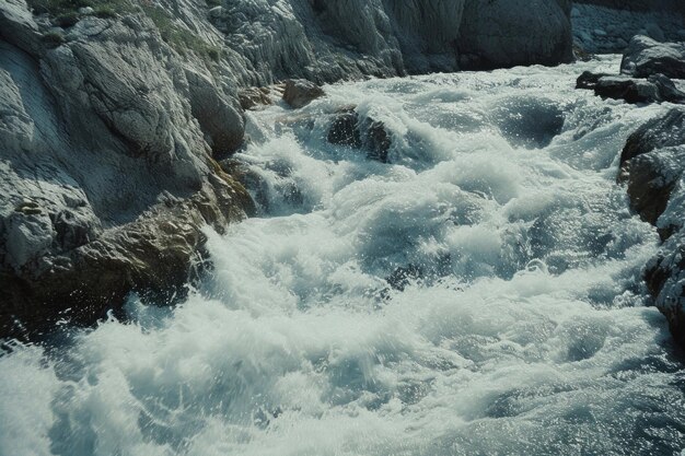 Un rapido ruscello di montagna che scorre attraverso un terreno roccioso