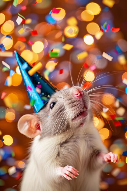 Un ratto gioioso che indossa un piccolo cappello da festa che celebra allegramente un Capodanno o una festa di compleanno sullo sfondo di luci bokeh scintillanti e confetti di carta colorati