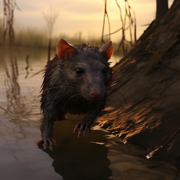 un ratto in acqua con un albero morto sullo sfondo