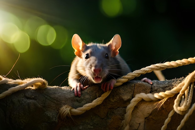 Un ratto su un ramo di un albero con uno sfondo verde