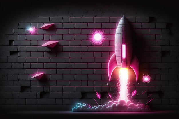 Un razzo rosa esce da un muro di mattoni.