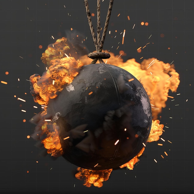 Un realistico set di palle rotonde nere con fusibile di corda e esplosione stampata su uno sfondo trasparente che mostra un'esplosione di bomba con fiocco ardente con fuoco e scintille