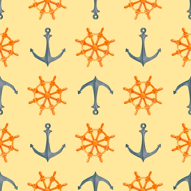 Un refrescante disegno ad acquerello con ancore e ruote di navi che evocano immagini del mare aperto Perfetto per disegni costieri inviti a feste estive e illustrazioni nautiche