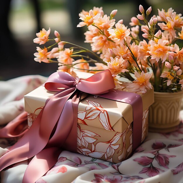 un regalo con un nastro rosa legato intorno si trova su un tavolo