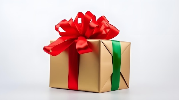 Un regalo di Natale avvolto in carta verde con un fiocco rosso su uno sfondo bianco solido