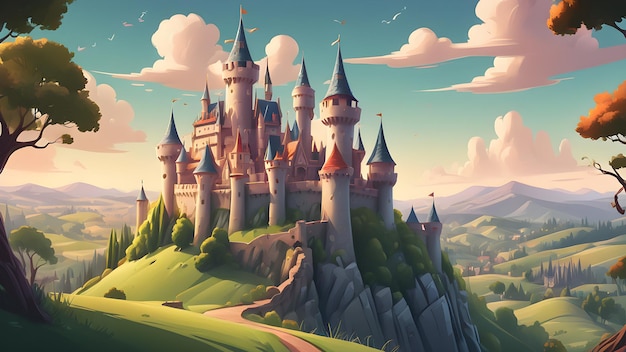 Un regno magico con un castello e colline verdi.