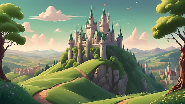 Un regno magico con un grande castello con colline verdi in stile cartone animato