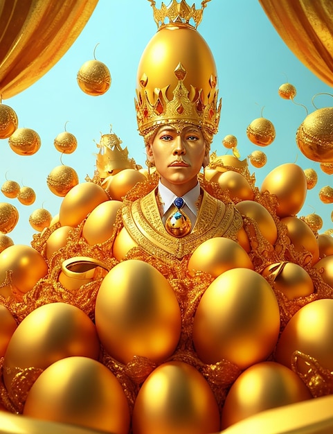 Un regno surreale di uova d'oro con un grande re delle uova che indossa una magnifica corona d'oro