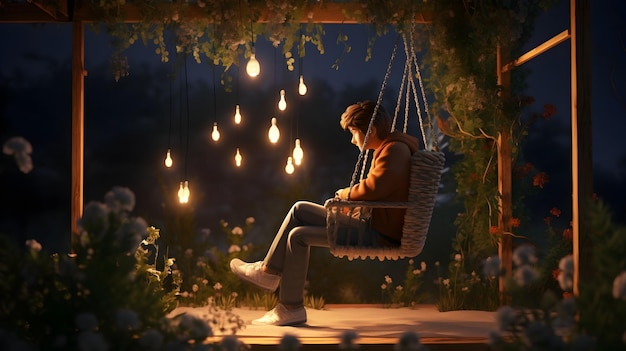 Un rendering 3D che cattura una figura 3D rilassata che si gode di una serata tranquilla seduta su un'altalena